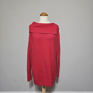 Style & Co Red Diagonal Ribbed Knit Sweater Button Shoulder Large